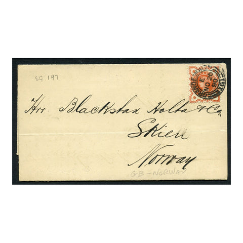 GB 1890 1/2d Vermillion, used on folded commercial entire from Grangemouth to Skien (NO). SG197
