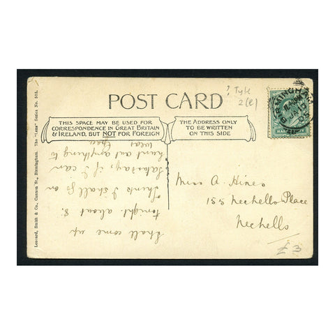 GB 1905 1/2d Blue-green, used on postcard with Birmingham type 2e cancel. SG216