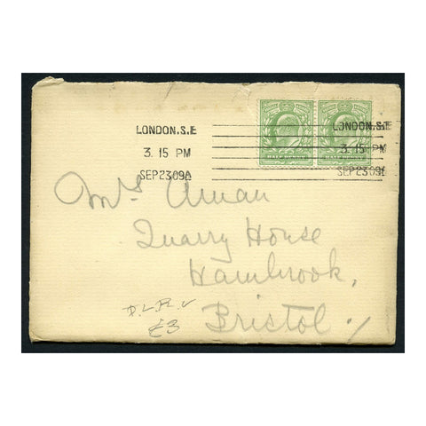 GB 1909 1/2d Pale yellowish-green, horiz pair, used on cover with London roller cancel. SG217