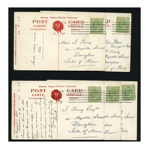 GB 1908 1/2d Franked on 5 matched illustrated Franco-Biritsh Exhibition post cards. SG217