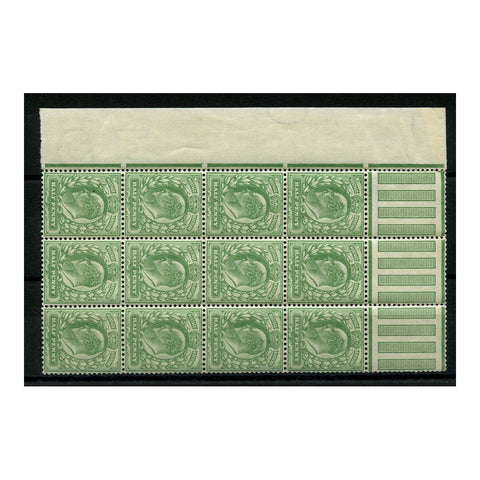 GB 1902-10 1/2d Yellowish-green, marginal corner block with interpanneau tabs at top, u/m. SG218