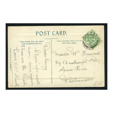 GB 1911 1/2d Yellowish-green, used on picture postcard with scarce 'LEE.S.D.S.E' cancel. SG218
