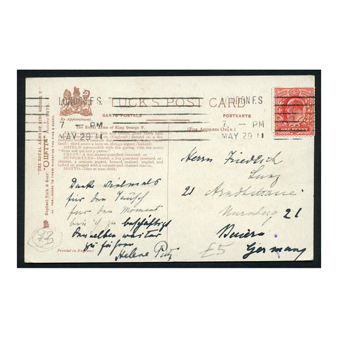 GB 1911 1d Bright-scarlet, used on postcard depicting arms of KGV. SG220