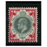 GB 1905-11 1/- Dull-green & carmine / chalk surf ppr, fresh mtd mint. SG257a