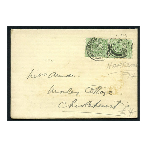 GB 1910 1/2d Dull yellow-green, Harrison pnt, vert pair used on cover. SG267
