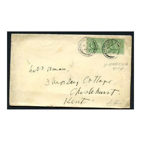 GB 1911 1/2d Deep dull-green, Harrison pnt, vert pair, used on cover. SG269