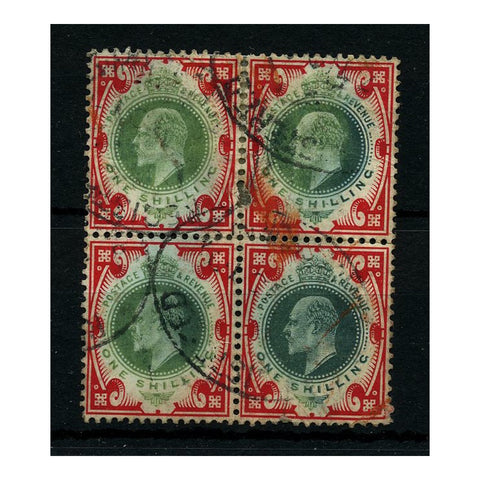 GB 1911 1/- Deep-green & scarlet, block of 4, fine registered used, faulty, scarce multiple. SG313
