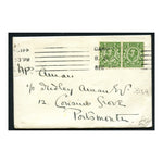 GB 1912 1/2d Deep-green, wmk imp crn, horiz pair, used on cover with Cardiff roller cancel. SG338
