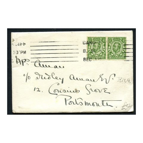 GB 1912 1/2d Deep-green, wmk imp crn, horiz pair, used on cover with Cardiff roller cancel. SG338