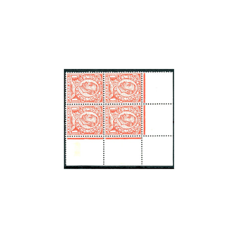 1912 1d Bright-scarlet, wmk imperial crown, corner marginal block of 4, u/m. SG341