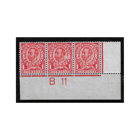 1912-1d-bright-scarlet-corner-marginal-b11-control-strip-of-3-fresh-mtd-mint-sg341