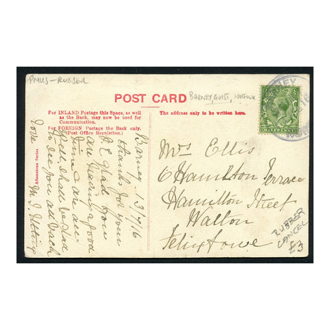 GB 1916 1/2d Deep-green, used on picture postcard with scarce Barney rubber stamp cancel. SG353