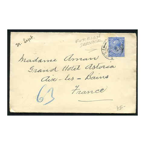 GB 1913 2-1/2d Cobalt-blue used on cover to Aix-en-Bains with London 'Foreign Service' cancel. SG371