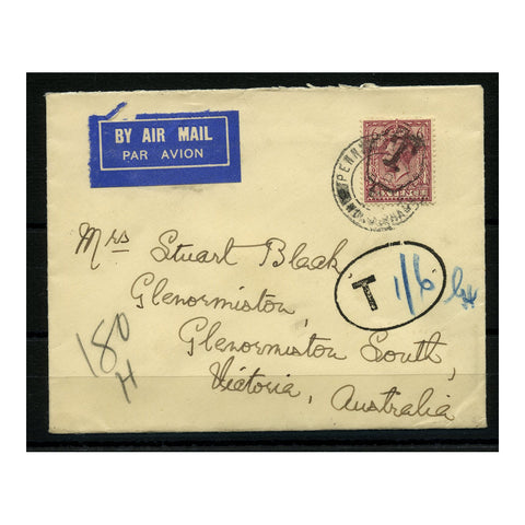 GB 1934 6d Reddish-purple, used on airmail cover to Australia, surch for 1/6d postage due. SG385