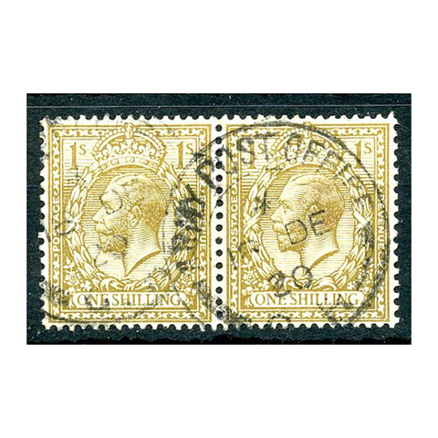 1913 1/- Bistre (simple cypher), horiz pair used with ARMY PO cds cancels. SG395