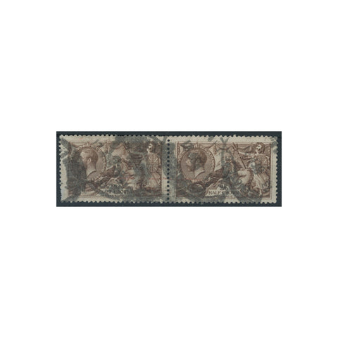 GB 1918-19 2/6d Reddish-brown (BW), on horizontally ribbed ppr, horizontal pair, good used. SG415