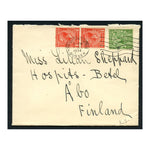 GB 1934 1/2d, 1d (vert pair) Used on cover from Brighton to Finland. SG418-19