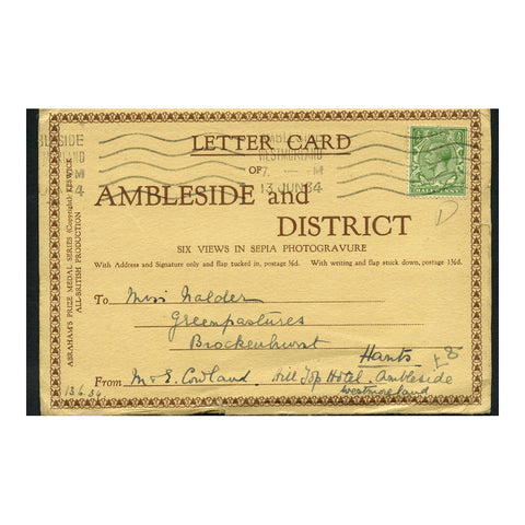 GB 1934 1/2d Green, used on cover containing 6 views of Ambleside with roller cancel. SG418