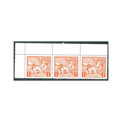 1924 1d Empire Exhibition, corner marginal strip of 3, stamps u/m. SG430