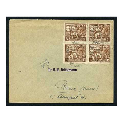 GB 1924 1-1/2d Wembley, block of 4 used on tidy cover (not first day). SG431