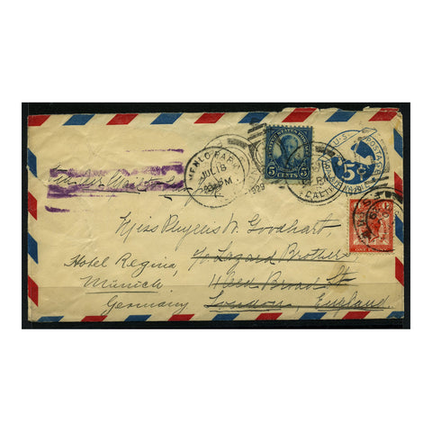 GB 1929 1d Congress, used to forward uprated USA airmail postal stationary cover - unusual. SG435