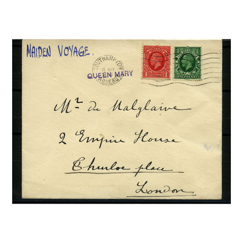 GB 1936 1/2d,1d Used on Queen Mary maiden voyage paquebot cover on Cunard stationary. SG439-40