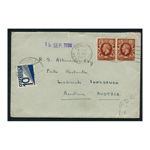 GB 1934 1-1/2d Red-brown, horiz pair, used on plain FDC, 10gr Austrian postage due. SG441