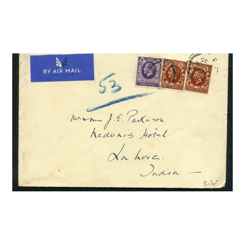 GB 1935 1-1/2d (x2) & 3d Used on commercial airmail cover to Lahore. SG441, 444