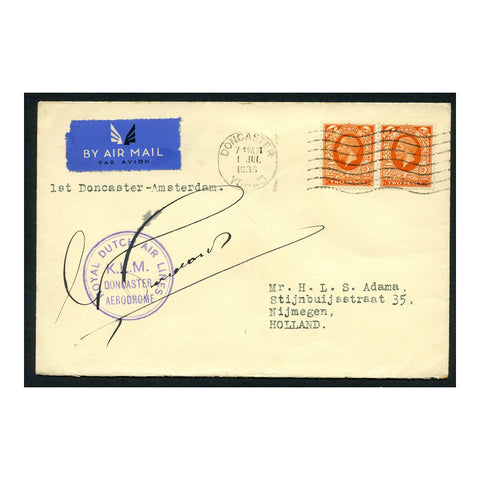 GB 1936 2d Orange, horiz pair used on special first flight Doncaster - Amsterdam cover. SG442