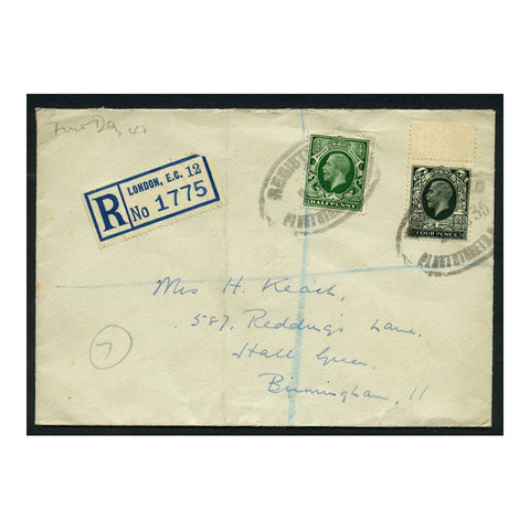 GB 1935 4d Used on registered FDC to Birmingham, along with additional 1/2d definitive. SG439, 445