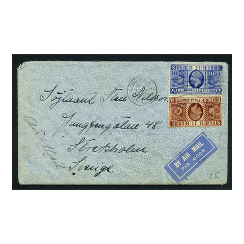 GB 1936 1-1/2d & 2-1/2d Jubilee, used on commercial airmail cover to Sweden. SG455, 456