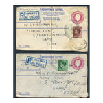 GB 1937 Pair of KGV registered stationery covers, uprated with 1/2d, 1-1/2d KEVIII defins. SG457+59