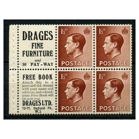 GB 1936 1-1/2d Drages booklet pane of 4 + 2 labels, u/m, toned perf. SG459a