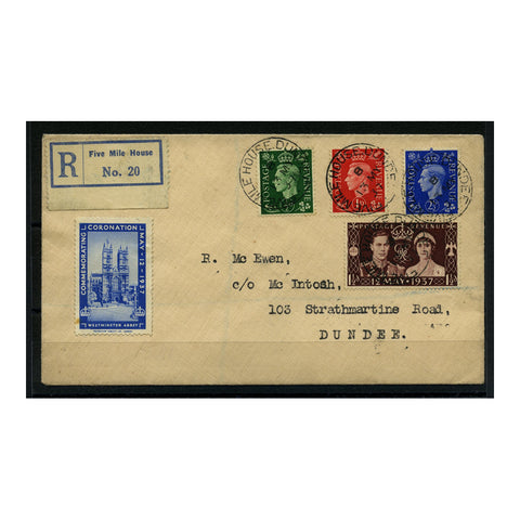 GB 1937 Coronation, used along with the 3 KGVI defins on registered FDC with label. SG461-63+66