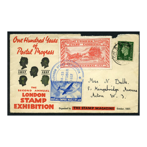 GB 1937 1/2d London Stamp Ecpo cover with air & expo labels + spacial cachet / cds. SG462