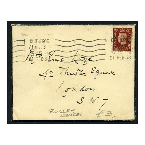 GB 1938 1-1/2d Red-brown, used on mourning cover with scarce Clitheroe Lancs roller cancel. SG464
