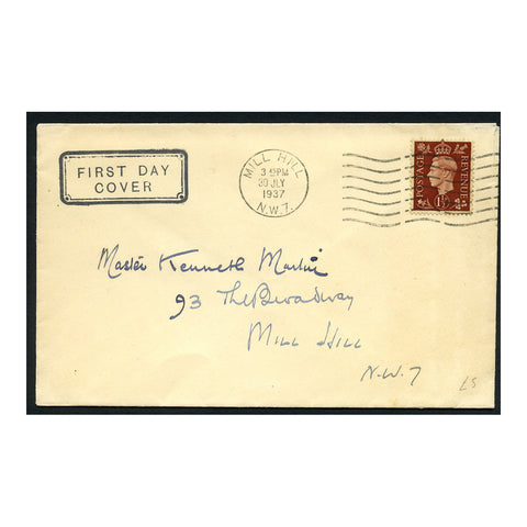 GB 1937 1-1/2d Red-brown, used on tidy FDC from Mill Hill, 'First Day Cover' stamp. SG464