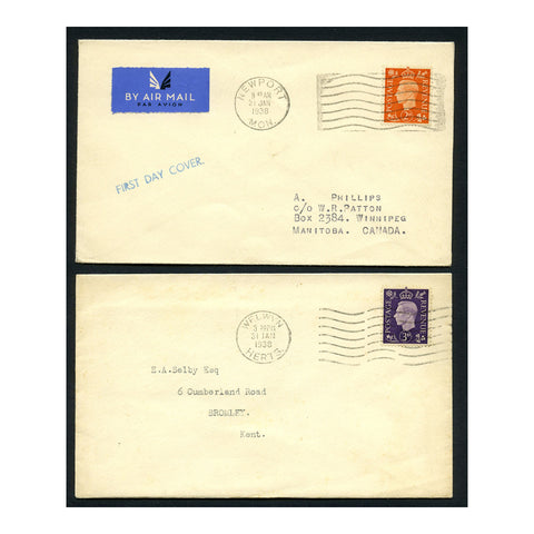 GB 1938 2d, 3d Definitives, used on a pair of reasonably well matched plain FDCs. SG465+467