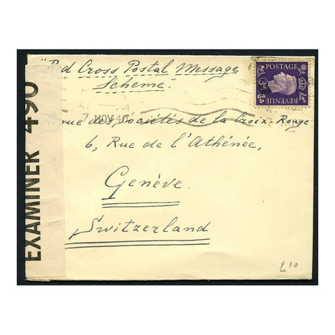 GB 1940 3d Violet, used on censored cover to the RX postal message scheme. SG467