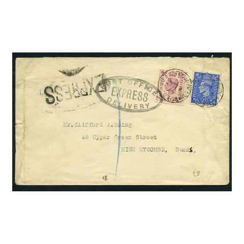 GB 1944 2-1/2d, 6d Defins on domestic express cover with 2 different PO handstamps. SG470+89