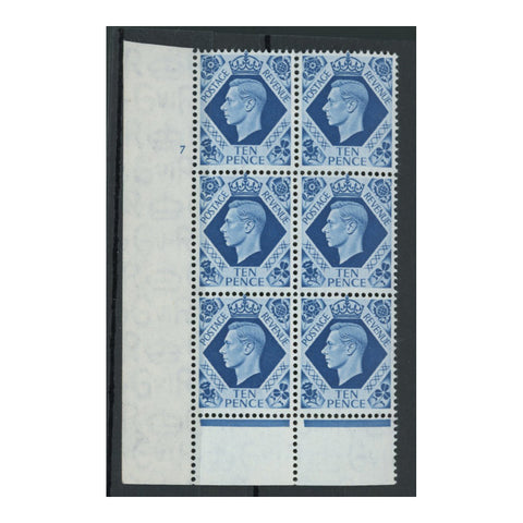 GB 1939-47 10d Turquoise-blue, cylinder 7 (type6) no dot, block of 6, u/m, cat. £200+. SG474