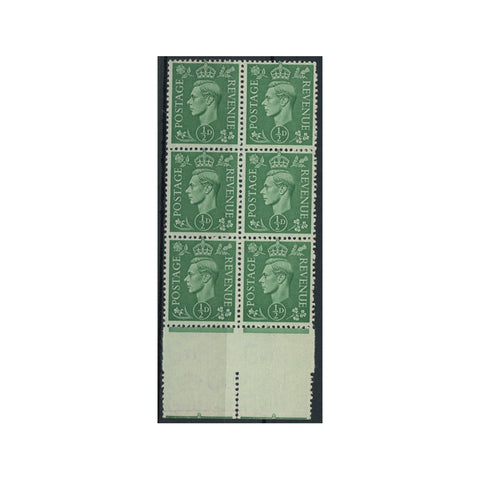 GB 1941-42 1/2d Pale-green, u/m block of 6 from miscut sheet showing top of sheet below. SG486var
