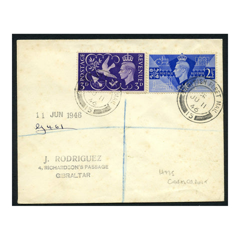 GB 1946 Peace, used on FLEET MAIL FDC, carried by HMS Cormorant to Gibraltar. SG491-92