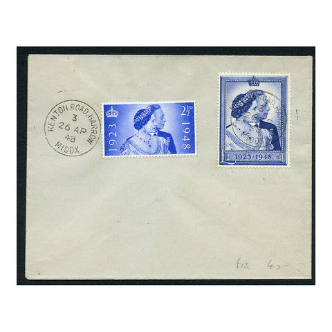 GB 1948 Silver Wedding pair, used on plain, unaddressed FDC, neither stamp fully tied. SG493-94