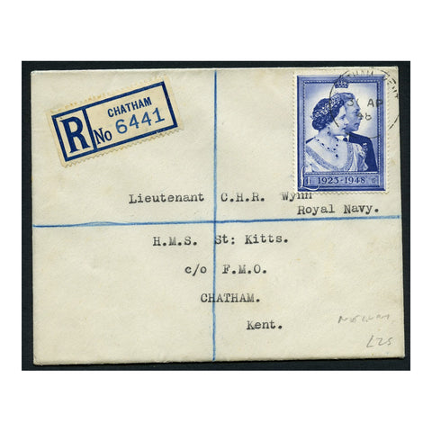 GB 1948 £1 Silver Wedding, used on (non FD) registered cover to the HMS St Kitts. SG494