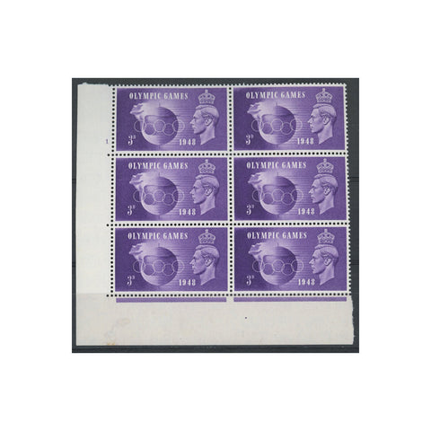GB 1948 3d Olympics, Cyl 1 no dot block of 6, containing HOOKED 3, and RETOUCHED CROWN. SG496