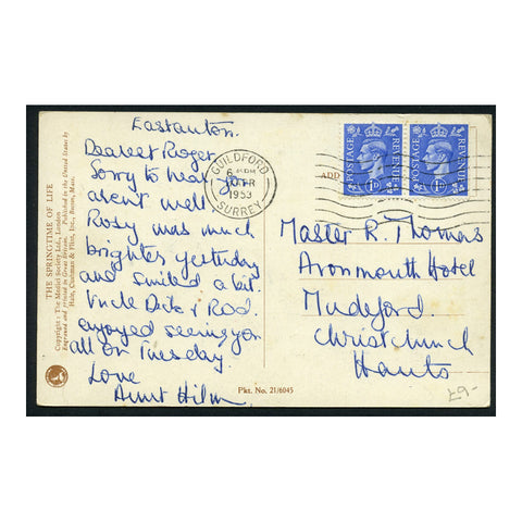 GB 1953 1d Light-ultra, horiz pair, used on pictorial postcard  from Guilford to Christchurch. SG504