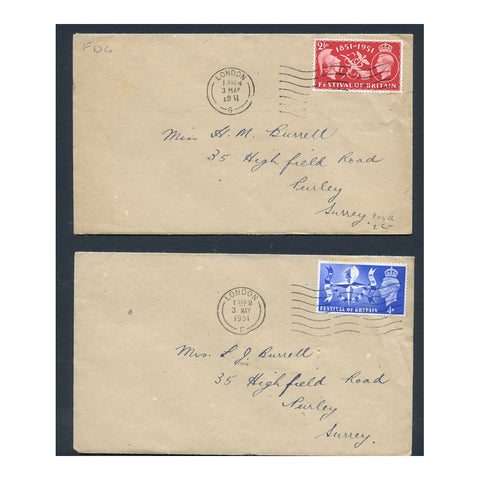 GB 1951 Festival of Britain, used on matched pair of plain FDCs from London. SG513-14