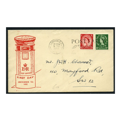 GB 1952 1-1/2d, 2-1/2d Combination addressed FDC with pillar box cachet. SG517, 519