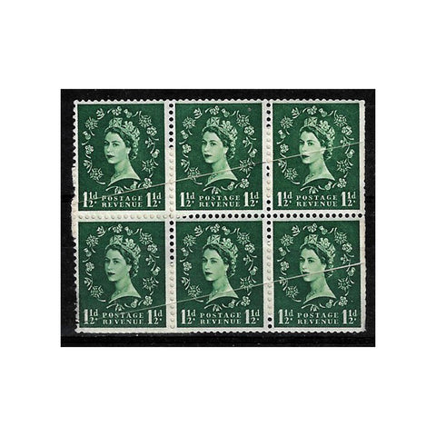 1952 1-1/2d Green, 'web repair' block of 6, u/m. Accompanied by Robson Lowe letter. SG517var